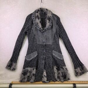 Sloni Gray Mixed Media Knit Cardigan Sweater Coat Studded Eyelash Fringe XL